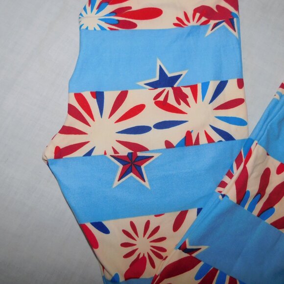 LuLaroe Blue Red Cream Stars and Bursts Womens Leggings OS size 2 -10 - Picture 3 of 8